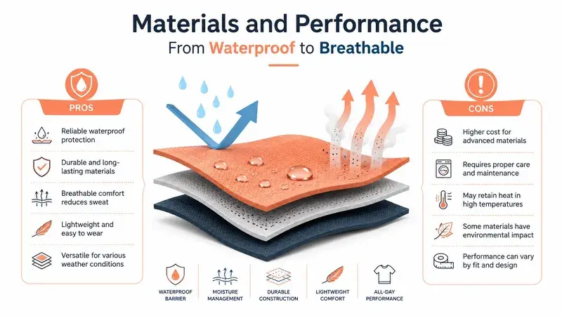 An infographic showing pros and cons of breathable waterproof fabric layers for mattress covers and clothing.