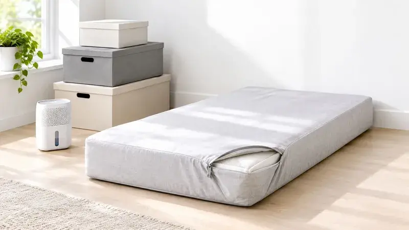 A light grey single mattress with a partially unzipped cover resting on a wooden floor near storage boxes.