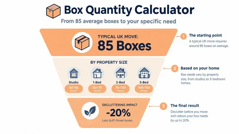A funnel infographic explaining how to calculate the number of moving boxes needed for different home sizes.