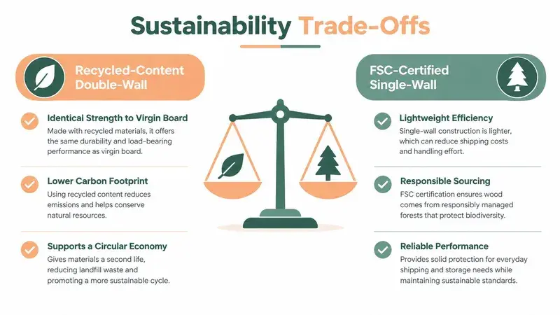 An infographic comparing the sustainability benefits of recycled-content double-wall versus FSC-certified single-wall packaging materials.
