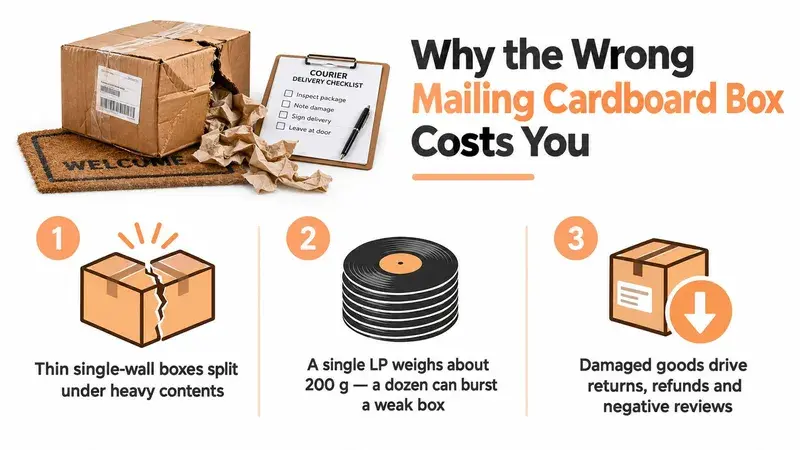 An infographic showing damaged shipping boxes with text explaining why using the wrong cardboard boxes costs businesses.
