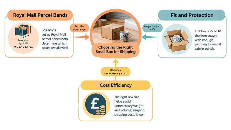 A diagram illustrating factors for choosing the right small box for shipping, including size, protection, and cost.