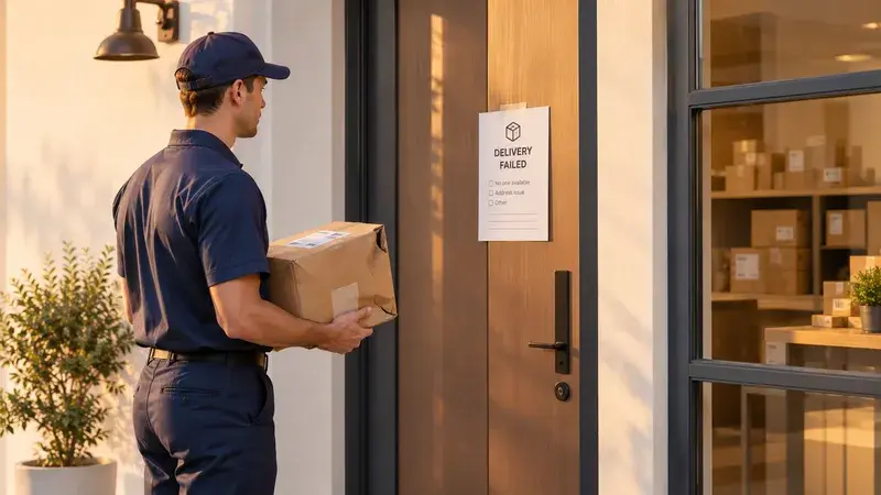 A delivery driver standing in front of a door with a delivery failed notice attached.