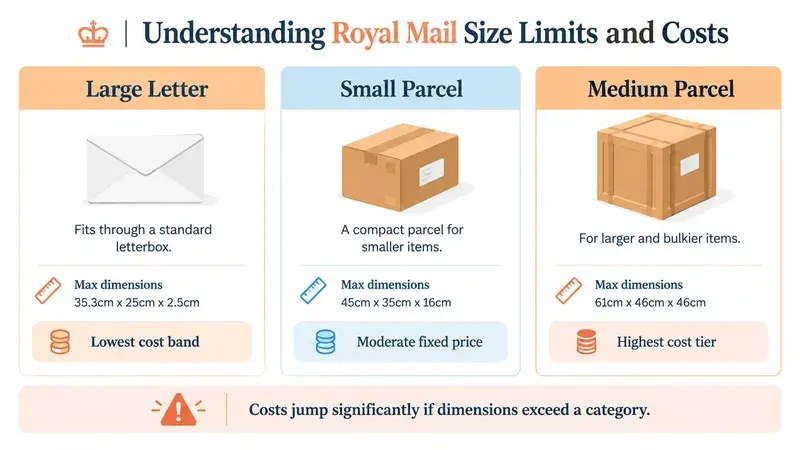 An infographic showing the three Royal Mail size categories: Large Letter, Small Parcel, and Medium Parcel.