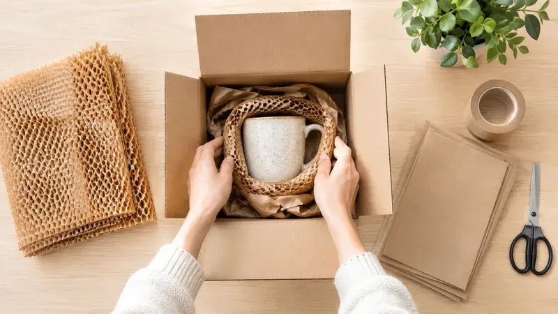 A person carefully packing a ceramic mug into a cardboard box with honeycomb protective paper packaging.