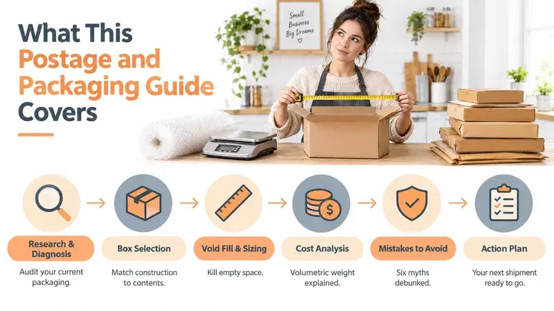 A woman measuring a cardboard box at a table, representing a postage and packaging guide infographic.