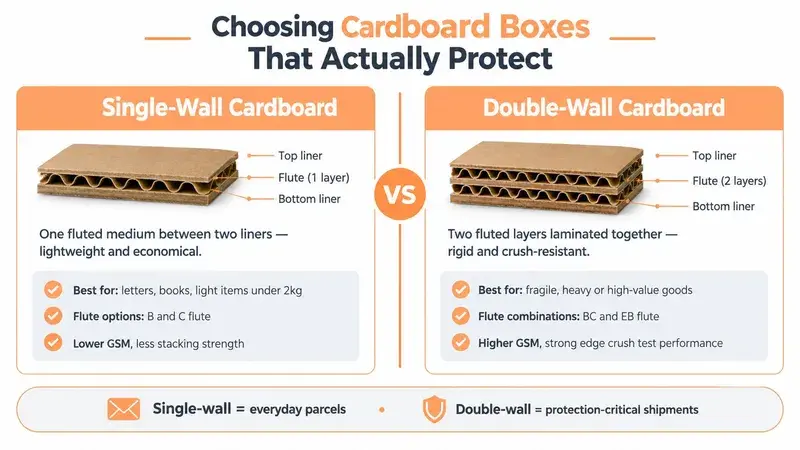 A comparison chart showing the structural differences between single-wall and double-wall cardboard boxes for shipping purposes.