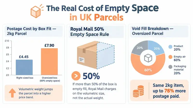 An infographic illustrating how excess empty space in oversized shipping boxes significantly increases UK postage costs.