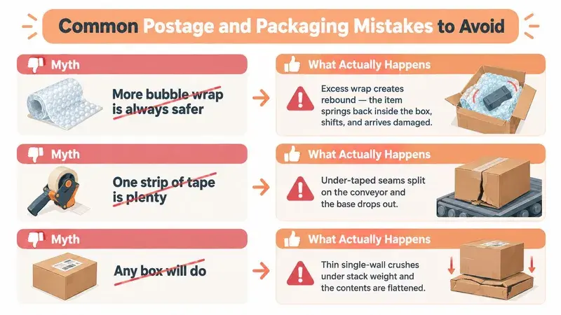 An infographic illustrating three common postage and packaging mistakes to avoid when shipping parcels safely.