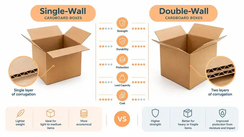 A comparison infographic highlighting the structural and functional differences between single-wall and double-wall cardboard boxes for shipping.