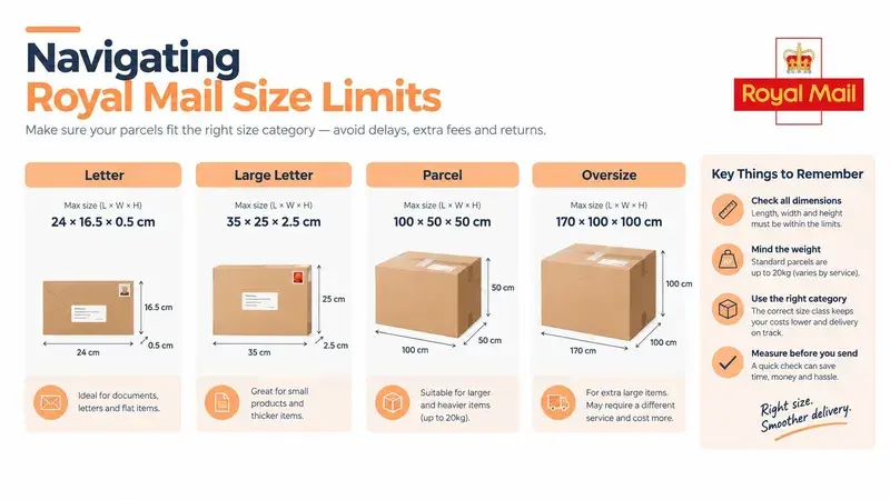 A guide illustrating Royal Mail size limits for letters, large letters, parcels, and oversized items with dimensions.