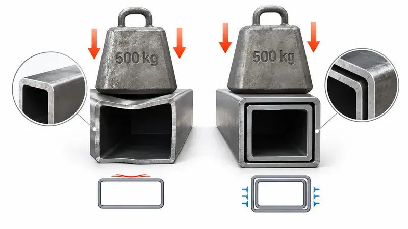 A diagram demonstrating that inserting a second metal tube inside a hollow one significantly increases structural strength.