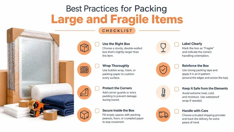 An infographic checklist outlining the best practices for safely packing large and fragile items for shipping.