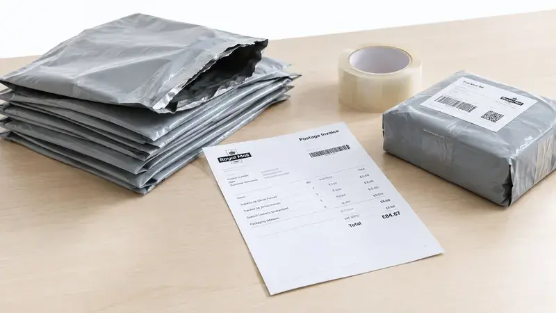 A stack of grey mailing bags, a roll of tape, and a shipping invoice on a desk.