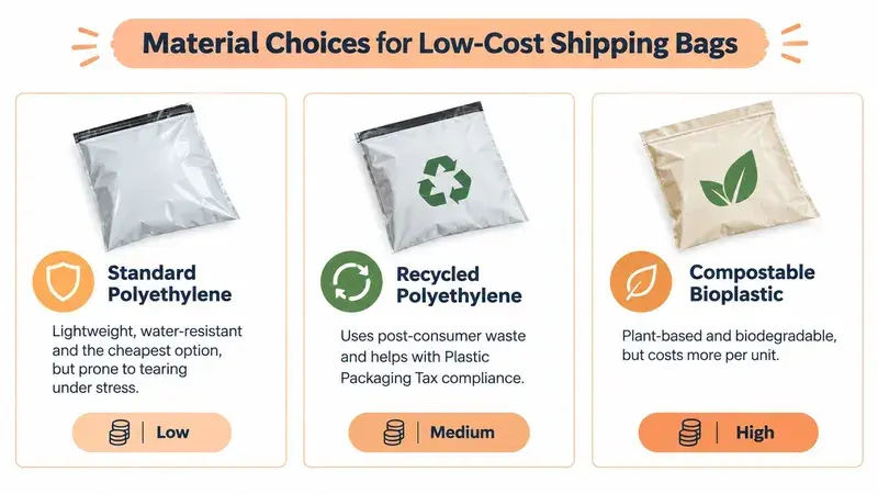 A comparison chart showing three material options for low-cost shipping bags with their respective cost levels.