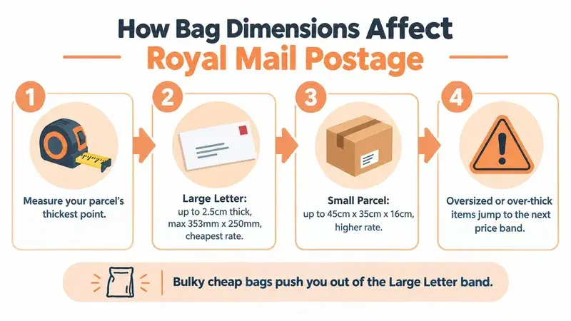 A diagram explaining how mailing bag dimensions affect Royal Mail postage rates for small parcels.
