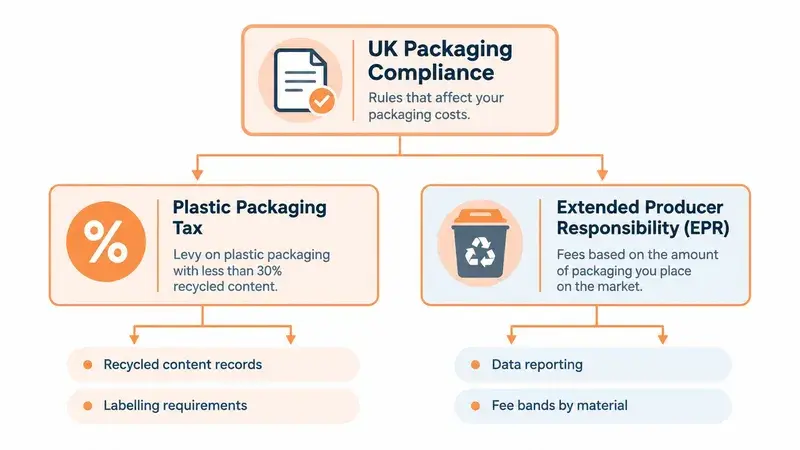 A flowchart outlining UK packaging compliance regulations including Plastic Packaging Tax and Extended Producer Responsibility requirements.