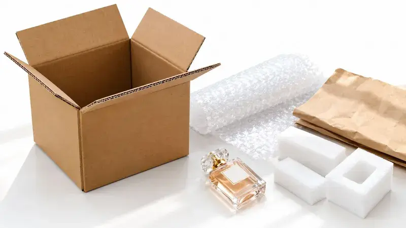 An open cardboard shipping box with bubble wrap, packing foam, and a glass perfume bottle for shipping.