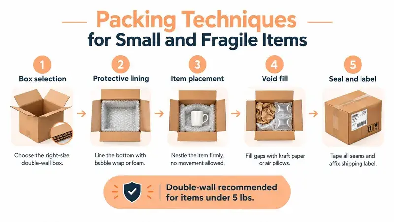 An infographic showing a five-step guide for safely packing small and fragile items in a shipping box.