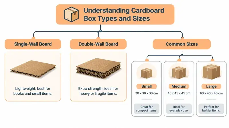 An infographic showing types of cardboard boxes and common sizes for packing and moving items.