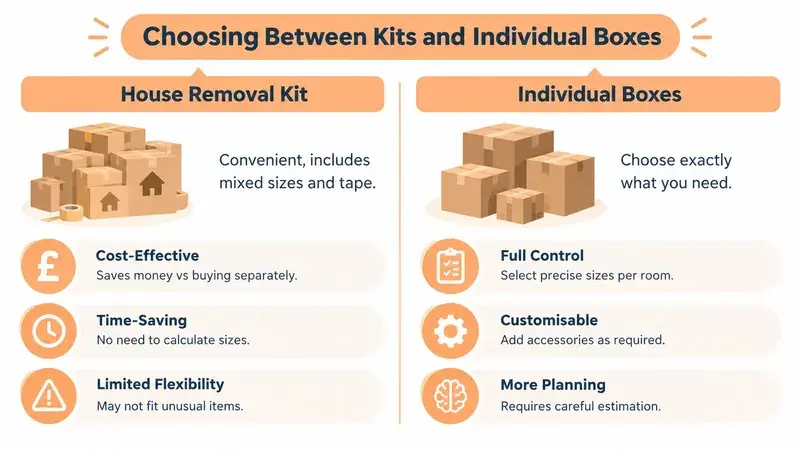 A comparison chart showing the pros and cons of choosing house removal kits versus individual cardboard packing boxes.