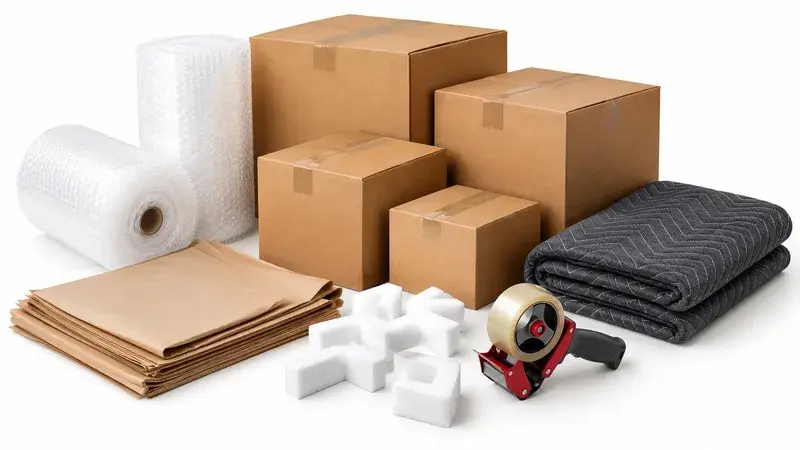 An assortment of moving supplies including cardboard boxes, bubble wrap, packing paper, foam corners, and tape.