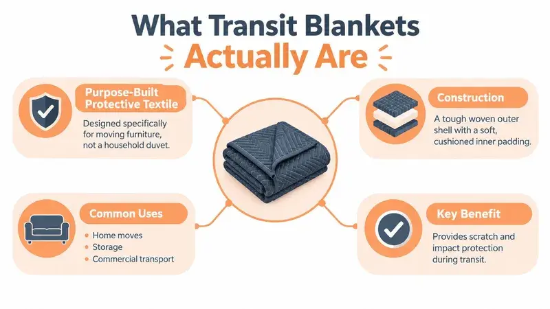 An infographic explaining transit blankets, detailing their purpose-built textile, construction, common uses, and key benefits for furniture protection.