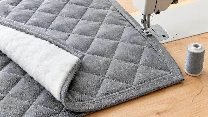 A gray quilted transit blanket being sewn with a sewing machine on a wooden table.