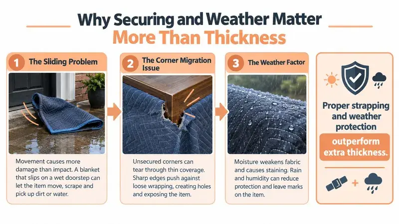 A graphic showing why securing and weatherproofing transit blankets is more important than thickness for protecting furniture.