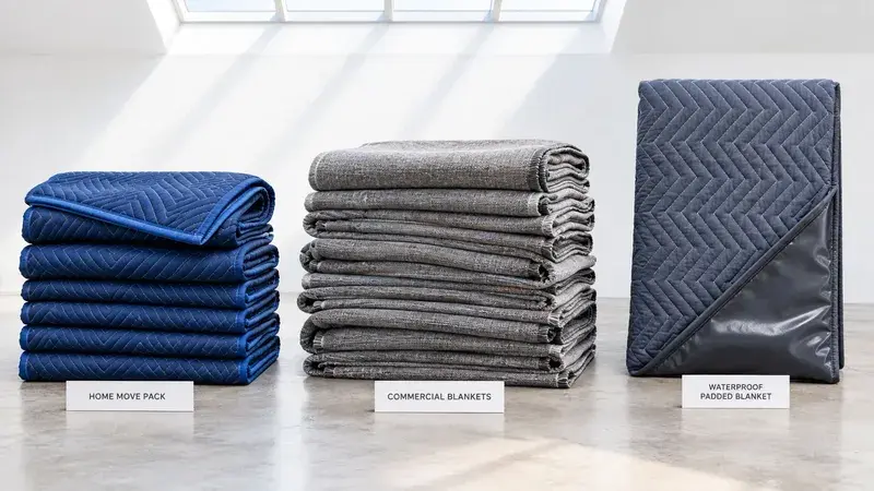Three stacks of moving blankets including home move packs, commercial blankets, and a waterproof padded blanket.
