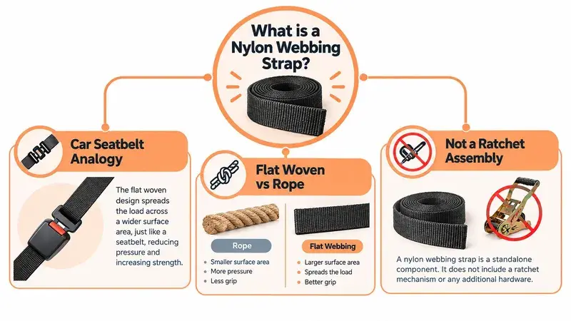 An infographic explaining nylon webbing straps by comparing them to seatbelts, ropes, and excluding ratchet assemblies.