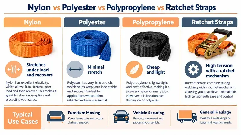 A comparison chart showing features and use cases for nylon, polyester, and polypropylene straps and ratchet mechanisms.