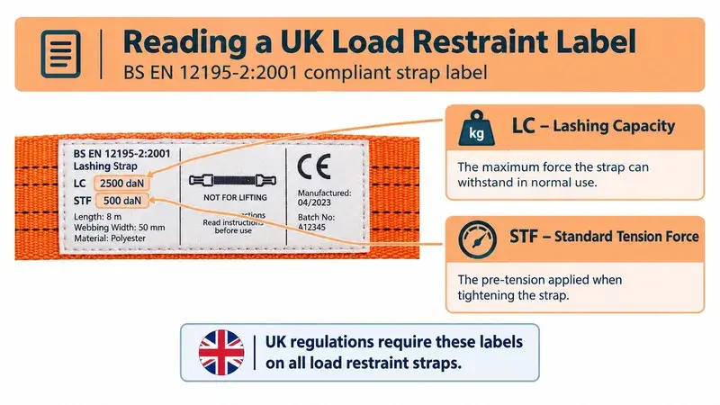 A detailed instructional diagram explaining how to read technical specifications on a UK load restraint strap label.