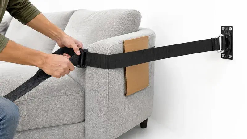 A person tightening a black nylon webbing strap around a gray upholstered sofa for furniture wall mounting.