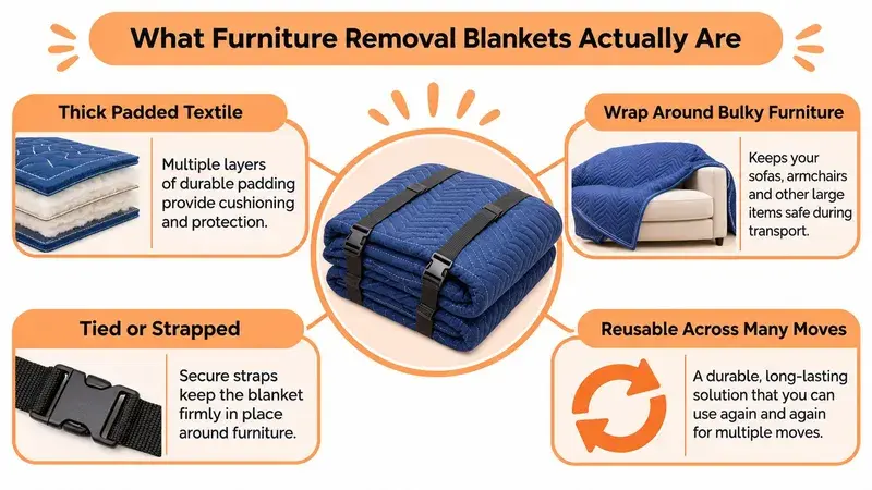 An infographic detailing the protective features, usage, and reusability of blue furniture removal blankets for moving.