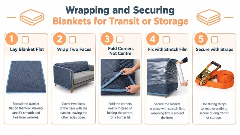 A five-step guide illustration showing how to properly wrap and secure furniture using protective moving blankets.