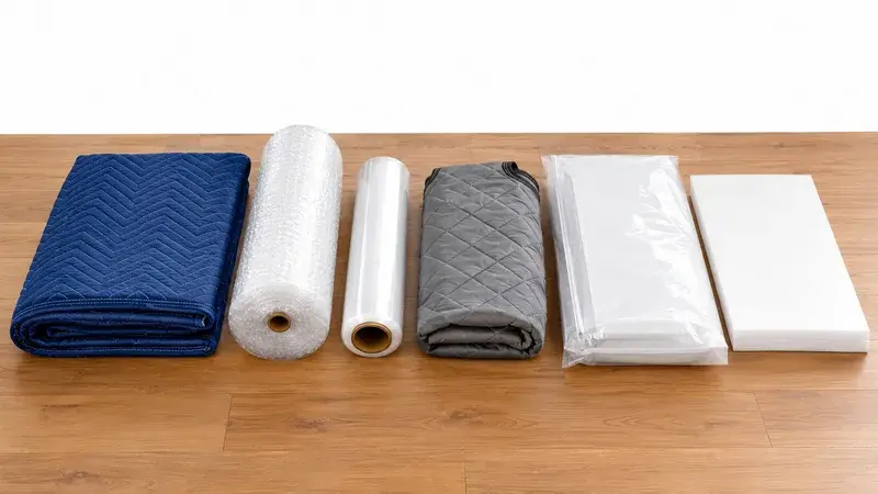 A selection of packing and moving supplies including blankets, bubble wrap, stretch film, and foam padding.