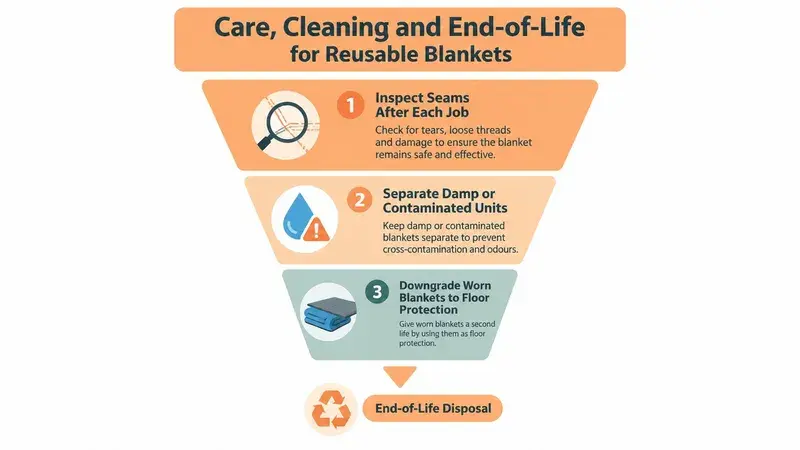 A funnel infographic outlining the three steps for the care, cleaning, and end-of-life disposal of furniture removal blankets.