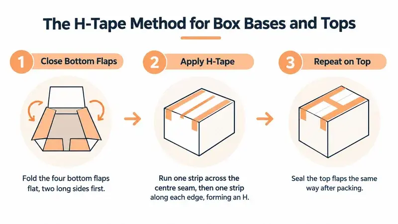 An infographic showing three simple steps to use the H-Tape method for sealing moving boxes securely.