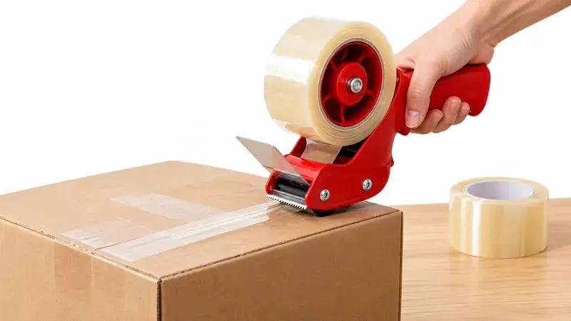 A hand using a red tape dispenser to seal a cardboard moving box on a wooden surface.