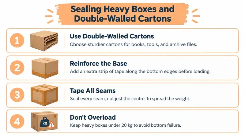 A four-step instructional infographic showing tips for sealing heavy cardboard boxes securely for moving or storage.