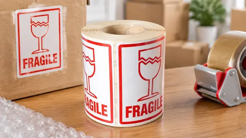 Fragile Warning Labels 80x110mm with Broken Glass Image