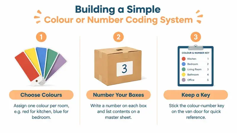 An infographic illustrating a three-step color and number coding system for organizing and labeling moving boxes.
