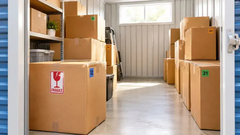 A clean, organized storage unit filled with cardboard moving boxes marked with colorful, numbered shipping labels.