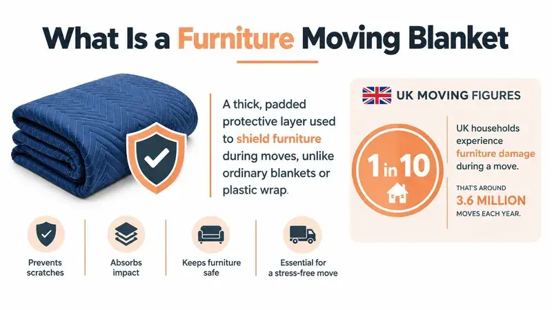An infographic explaining that a furniture moving blanket is a thick, padded layer used to protect items.