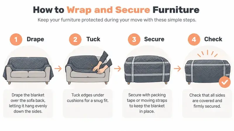 An infographic showing four simple steps to wrap and secure a sofa with a furniture moving blanket.