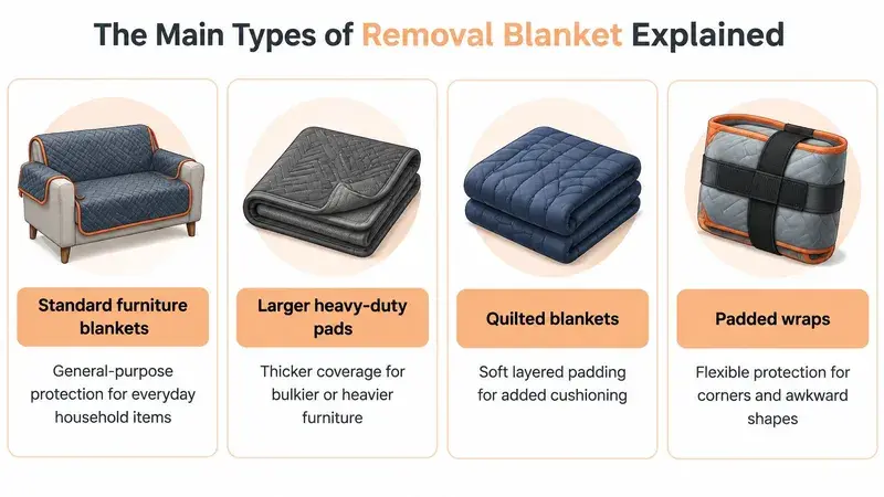 A diagram illustrating four main types of removal blankets including furniture blankets, heavy-duty pads, quilted blankets, and wraps.