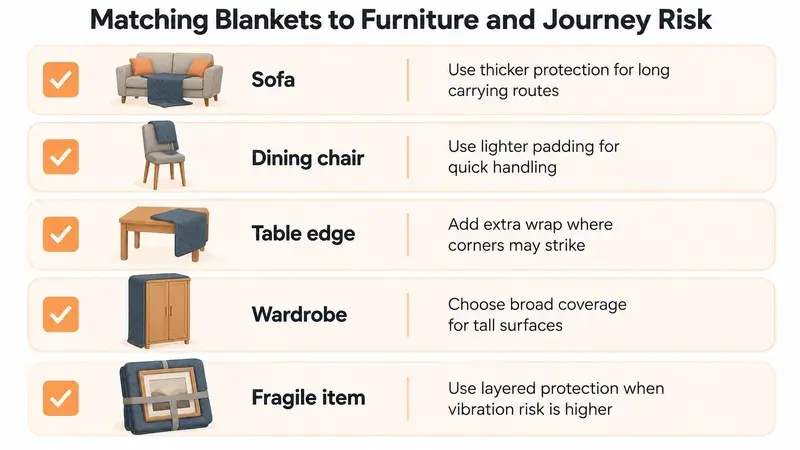 A chart illustrating different furniture moving techniques and how to match protective blankets to specific furniture types.