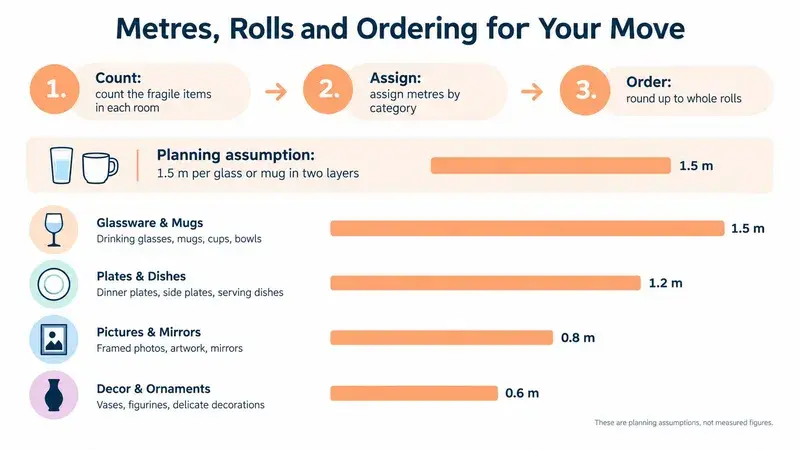 An infographic showing steps and planning assumptions for estimating bubble wrap needed for packing household items.