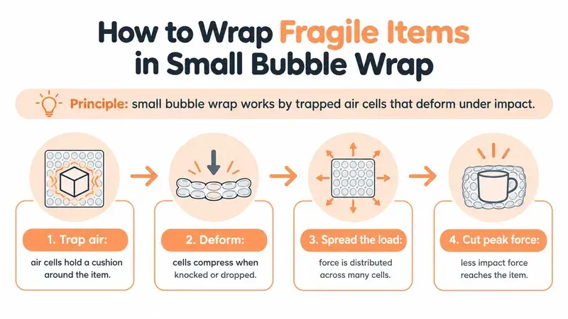 A diagram explaining how small bubble wrap protects fragile items by trapping air and absorbing impact forces.